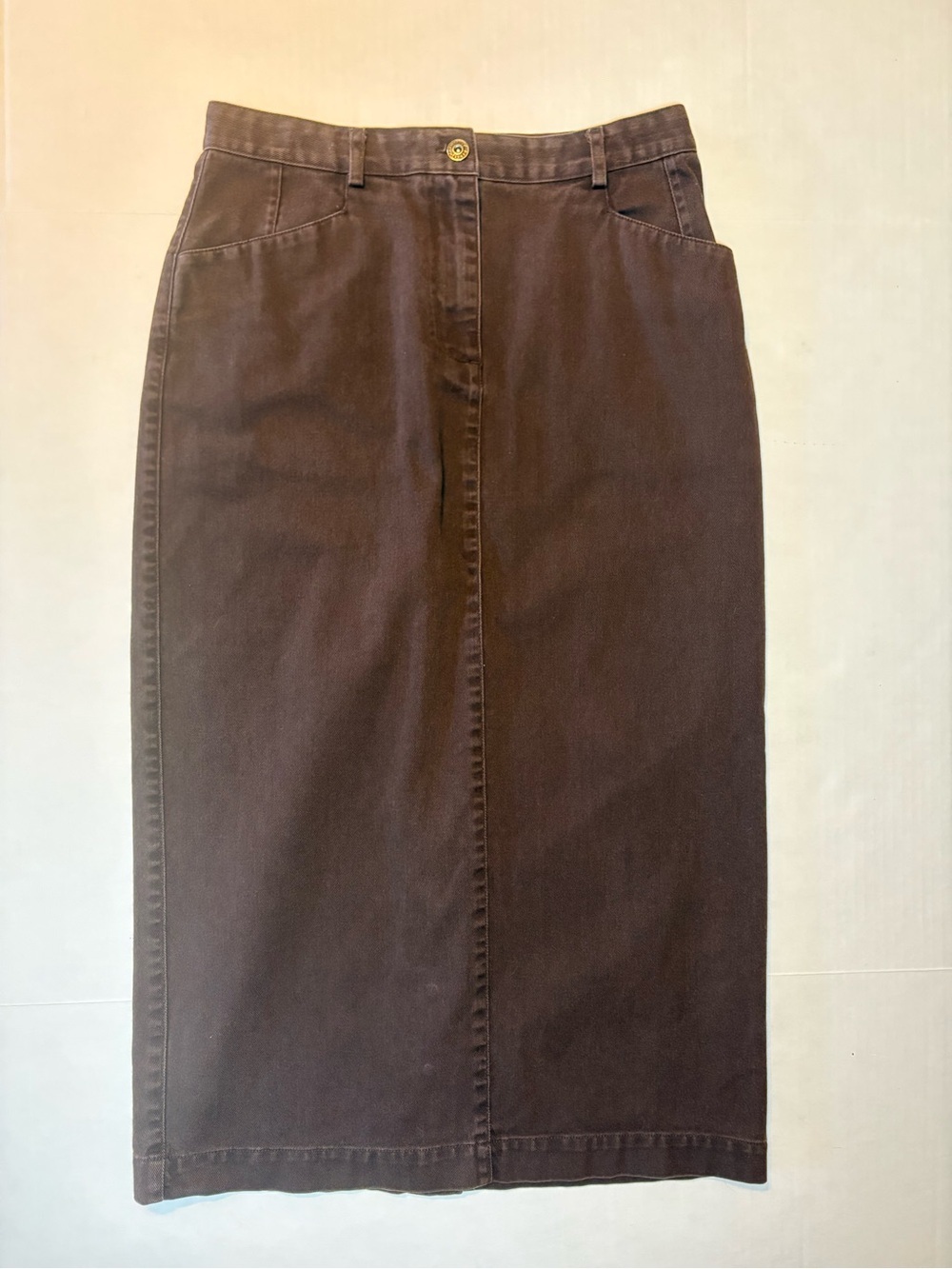 Christopher & Banks VTG Brown Denim Pencil Skirt Button Kick Pleat Cotton Size 6